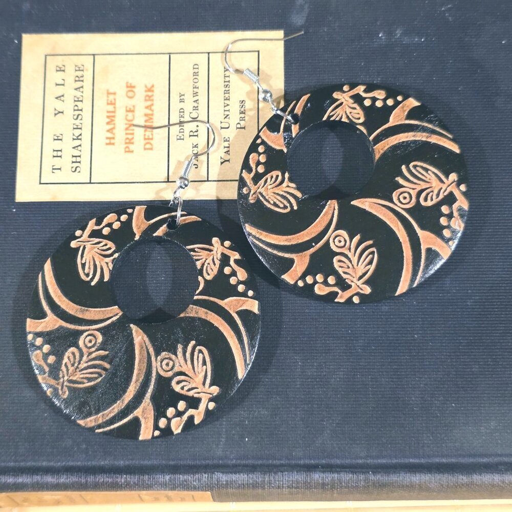 Tribal Style Flower Abstract Art Black Tan Laser Etched Handmade Wood Earrings